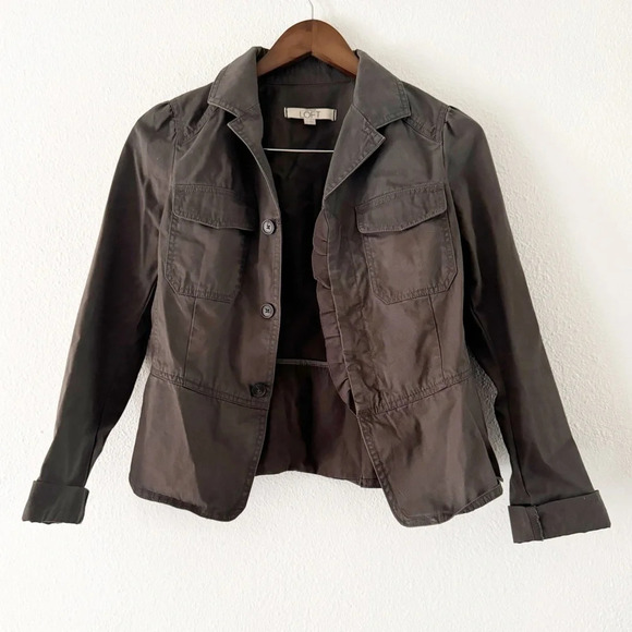 Utility Jacket Gray Ruffle Button Up Feminine Office Size 2 Anne Taylor Loft - Picture 2 of 11